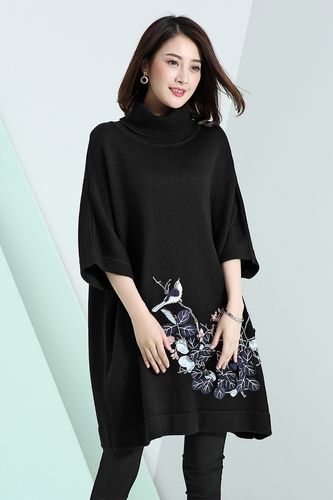 锦蕙兰蝙蝠袖刺绣套头高领毛衣女中长款七分袖宽松秋冬